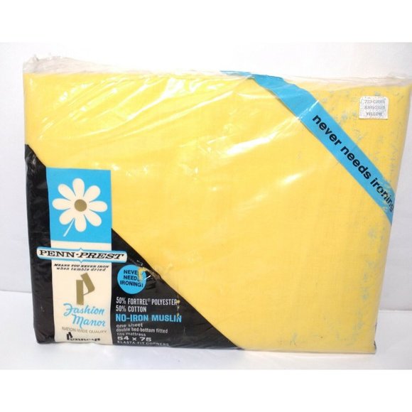 Vtg 1960’ 70’s Penney’s Penn-Prest Lemon Yellow Solid Fitted Sheet Double Bed - Picture 1 of 3